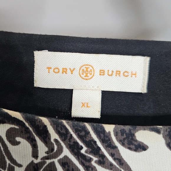 Tory Burch Odila Silk Faux Wrap Twisted Front Shift Dress Black White Brown XL - Picture 7 of 10